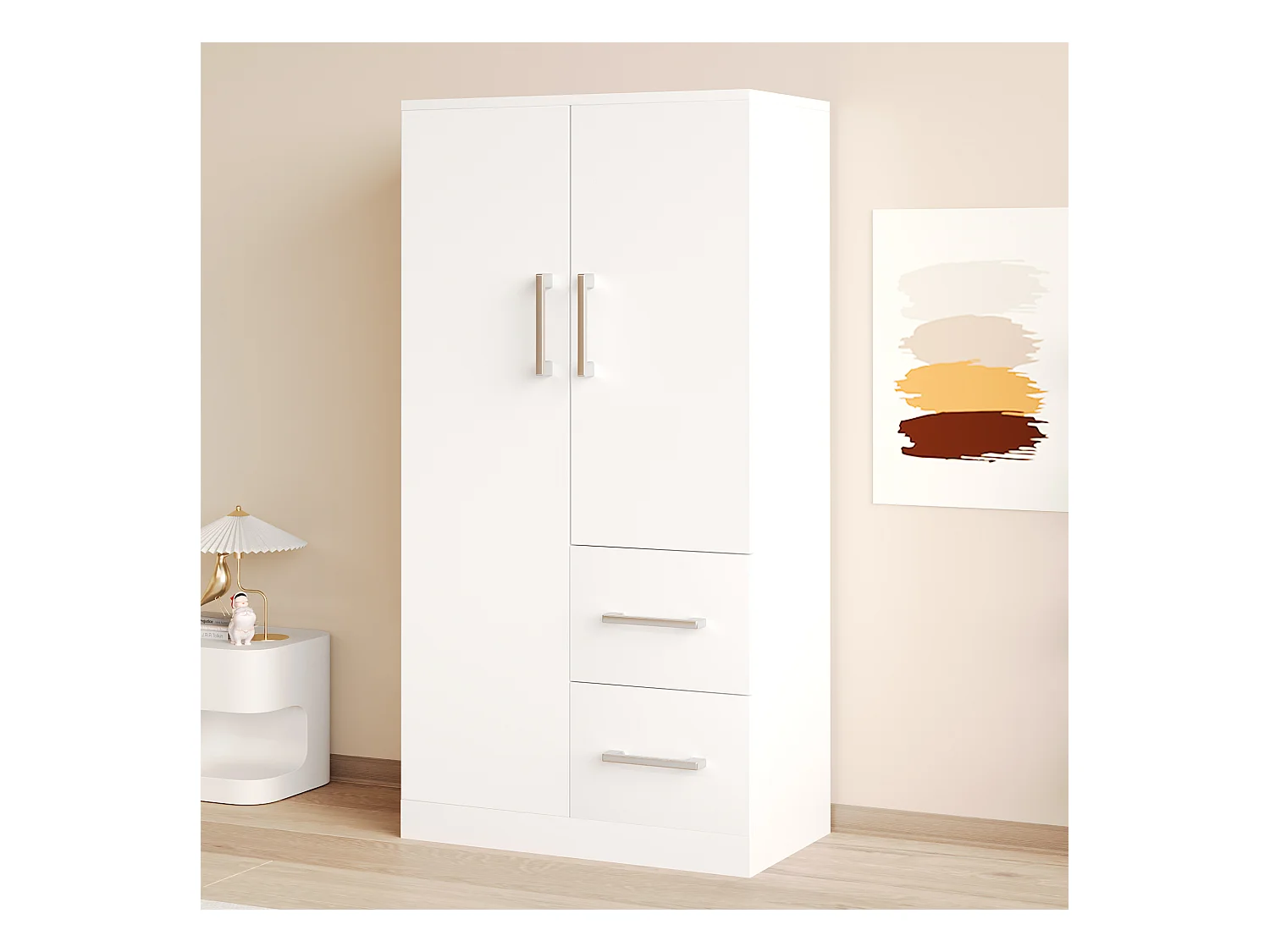 Armoire 70x40x135 cm - 2 portes - 2 tiroirs - avec compartiments de rangement - blanc
