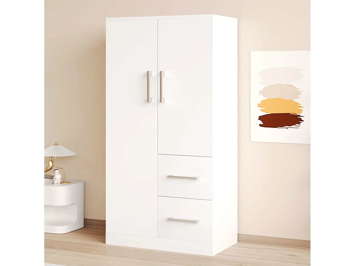 Kleiderschrank 70x40x135 cm - 2 Türen - 2 Schubladen - mit Staufächern - weiß