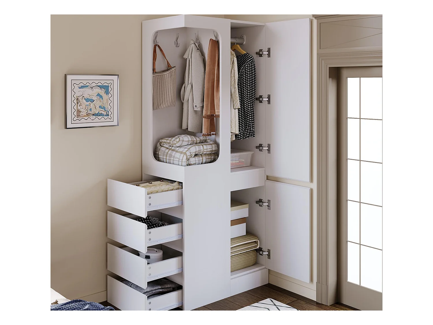 Armoire 70x40x170 cm - avec 4 tiroirs - avec 2 portes - avec compartiments de rangement - blanc