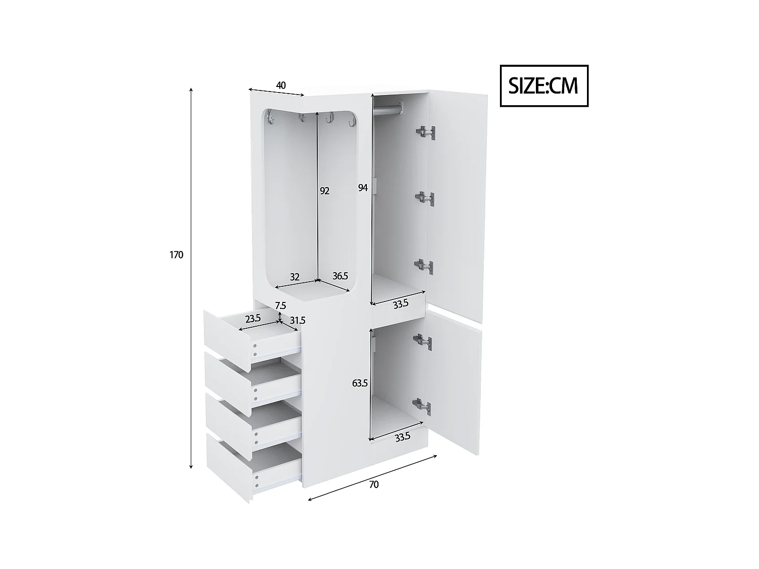 Armoire 70x40x170 cm - avec 4 tiroirs - avec 2 portes - avec compartiments de rangement - blanc