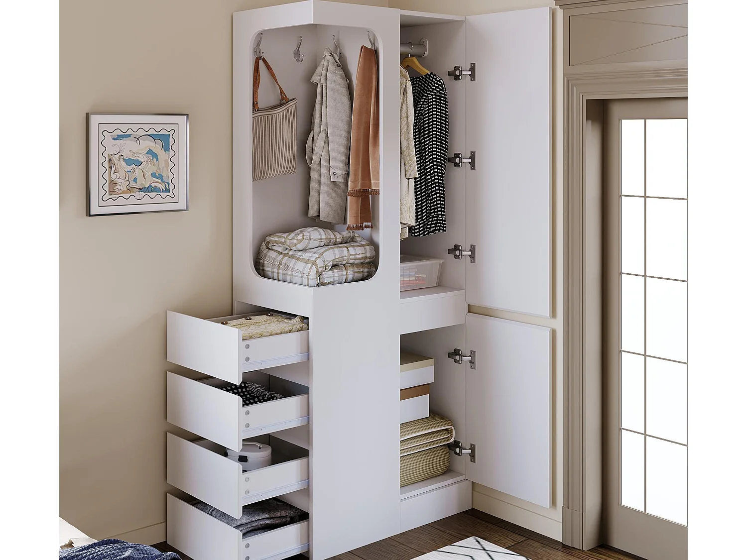 Kleiderschrank 70x40x170 cm - mit 4 Schubladen - mit 2 Türen - mit Staufächern - weiß