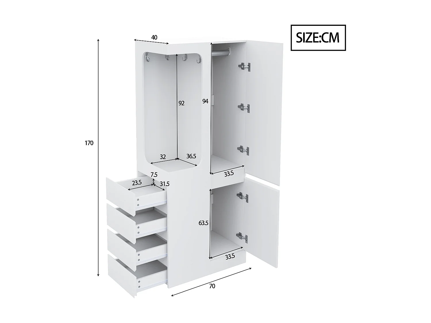 Kleiderschrank 70x40x170 cm - mit 4 Schubladen - mit 2 Türen - mit Staufächern - weiß