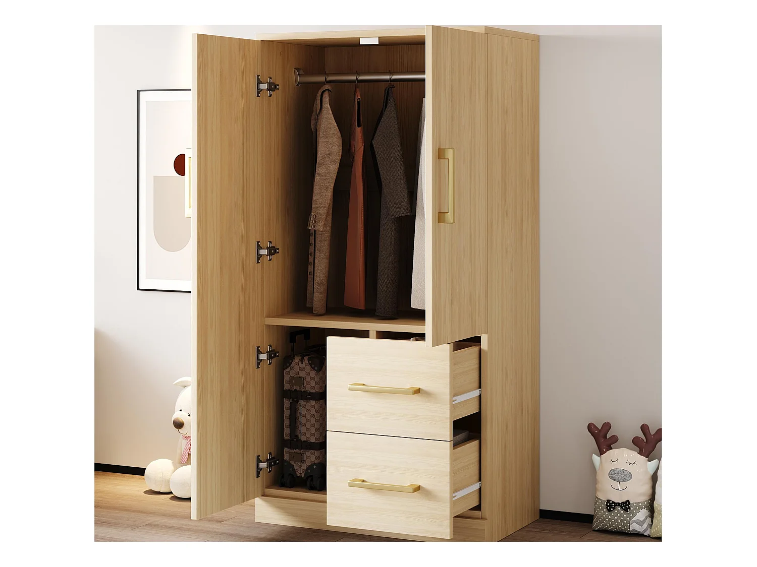 Armoire 70x40x135 cm - 2 portes - 2 tiroirs - avec compartiments de rangement - naturel