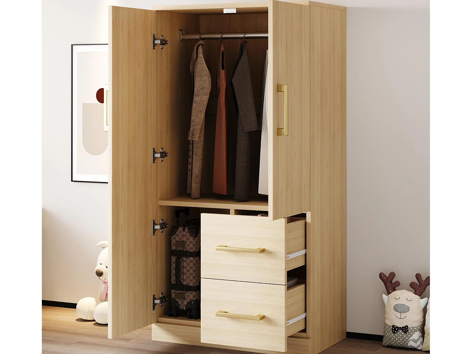 Kleiderschrank 70x40x135 cm - 2 Türen - 2 Schubladen - mit Staufächern - natur