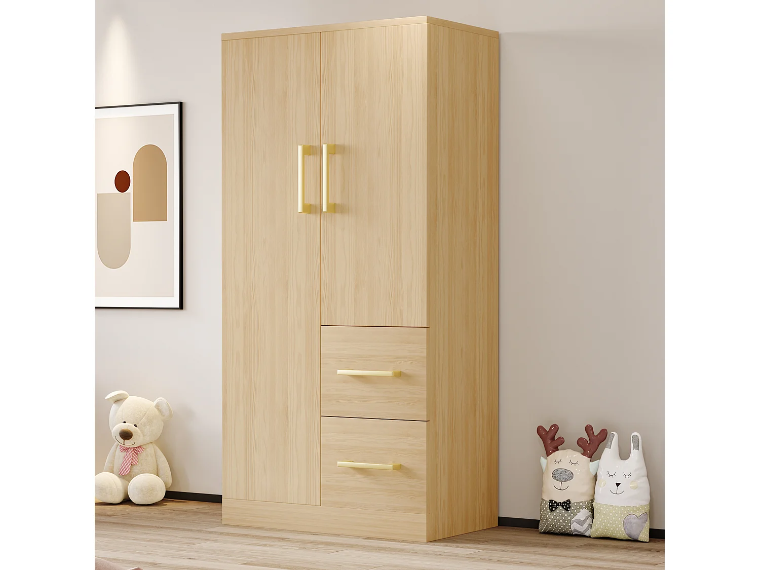 Kleiderschrank 70x40x135 cm - 2 Türen - 2 Schubladen - mit Staufächern - natur