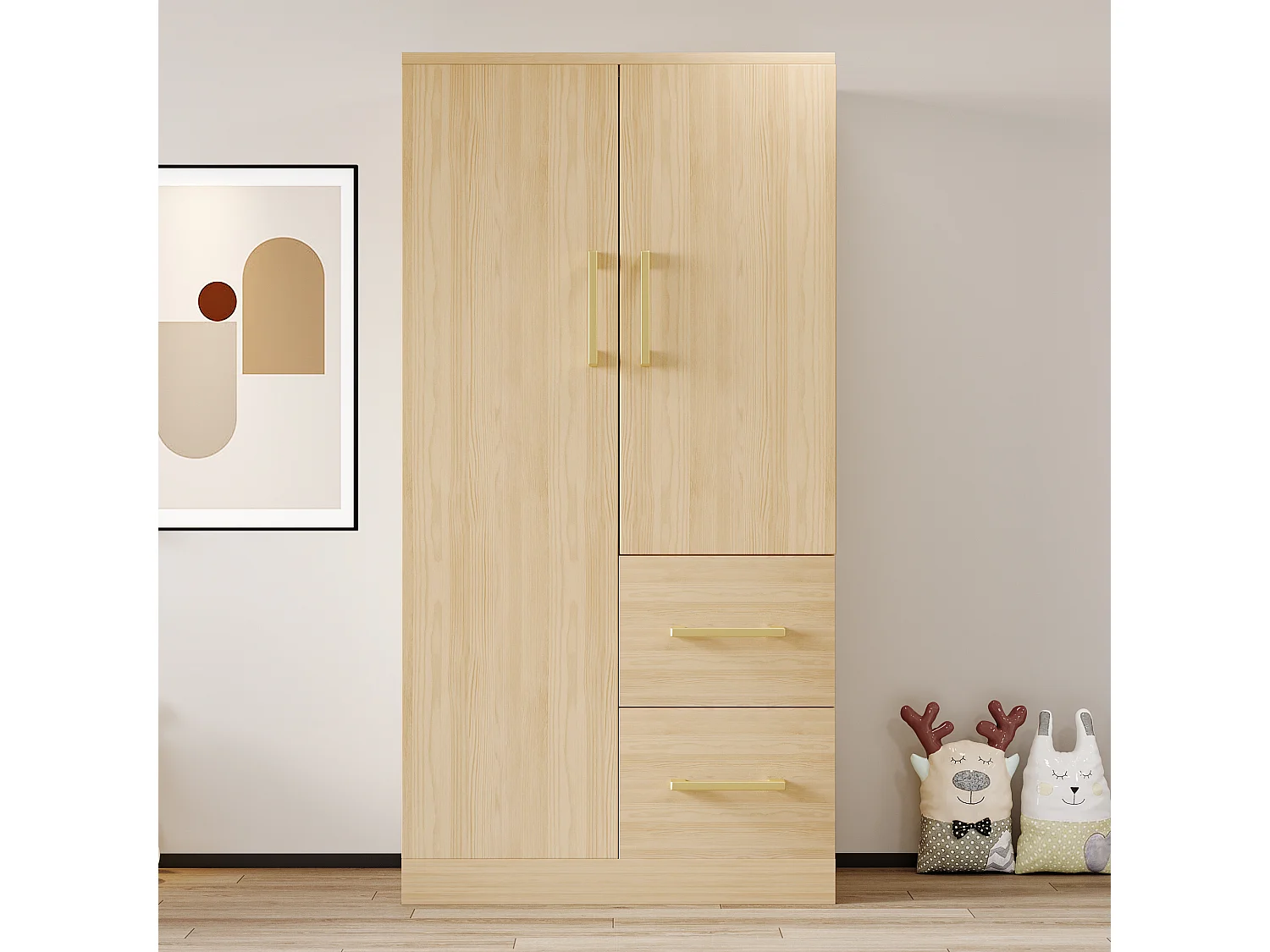Kleiderschrank 70x40x135 cm - 2 Türen - 2 Schubladen - mit Staufächern - natur