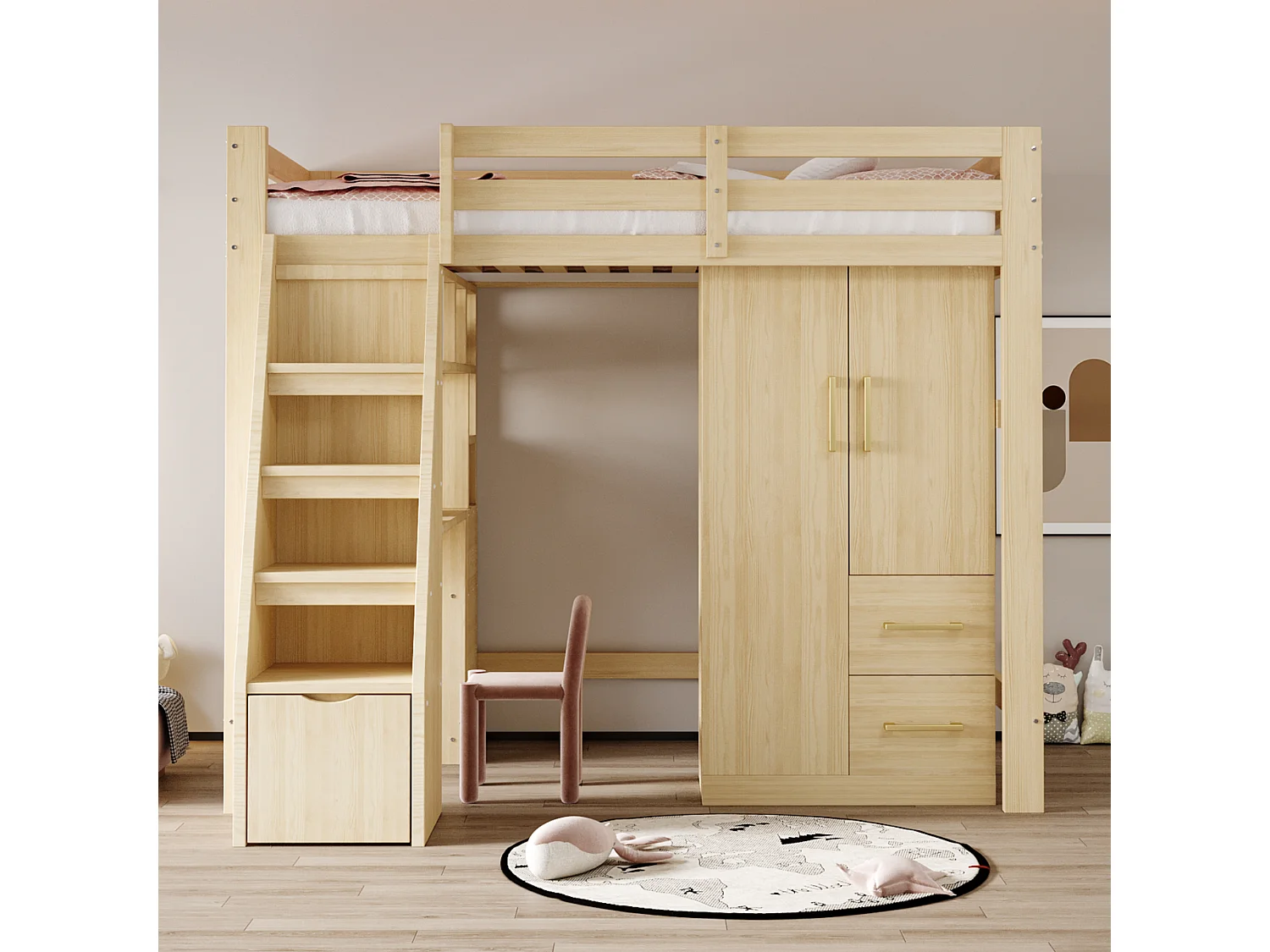 Kleiderschrank 70x40x135 cm - 2 Türen - 2 Schubladen - mit Staufächern - natur