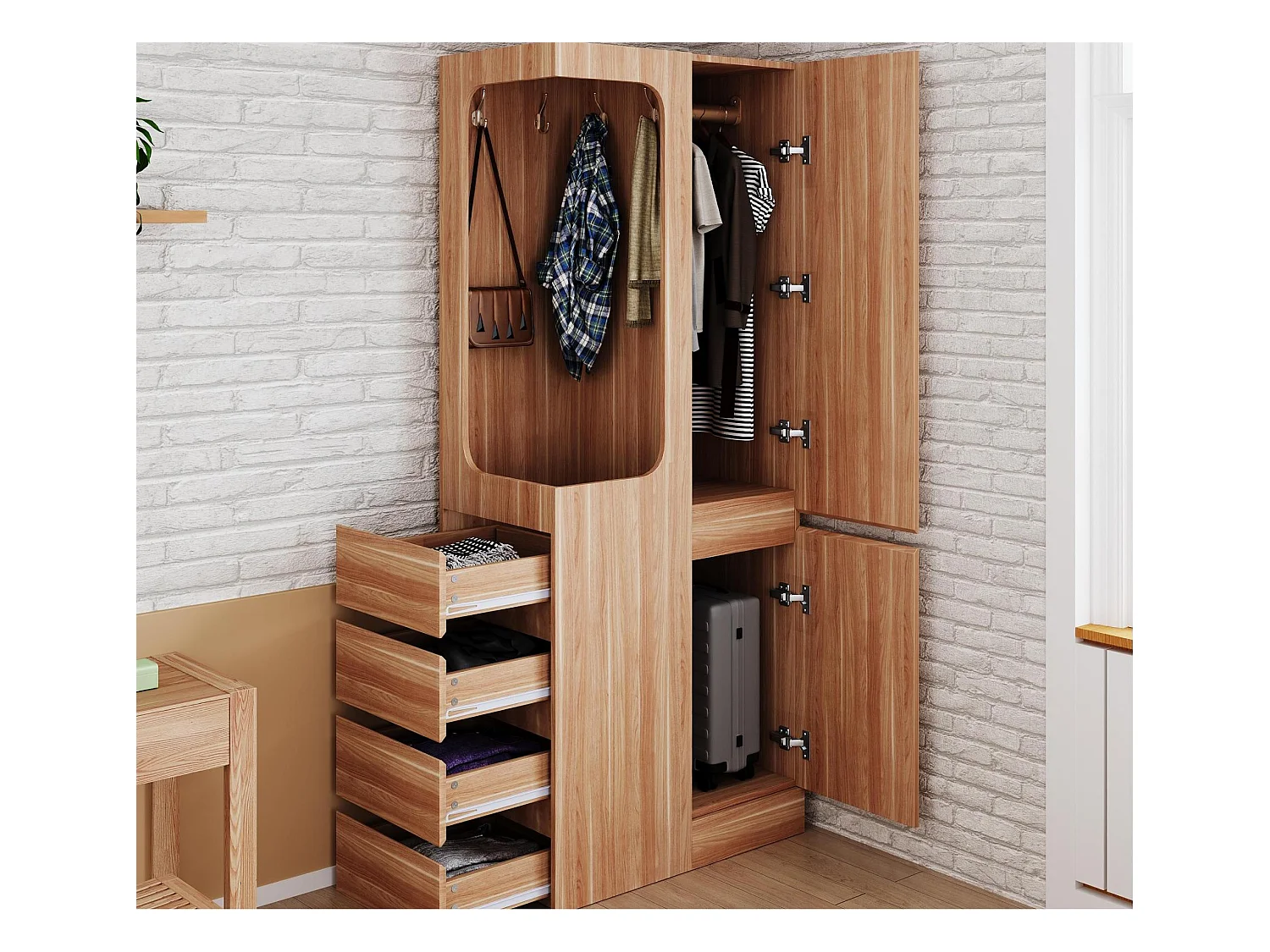 Armoire 70x40x170 cm - avec 4 tiroirs - avec 2 portes - avec compartiments de rangement - naturel