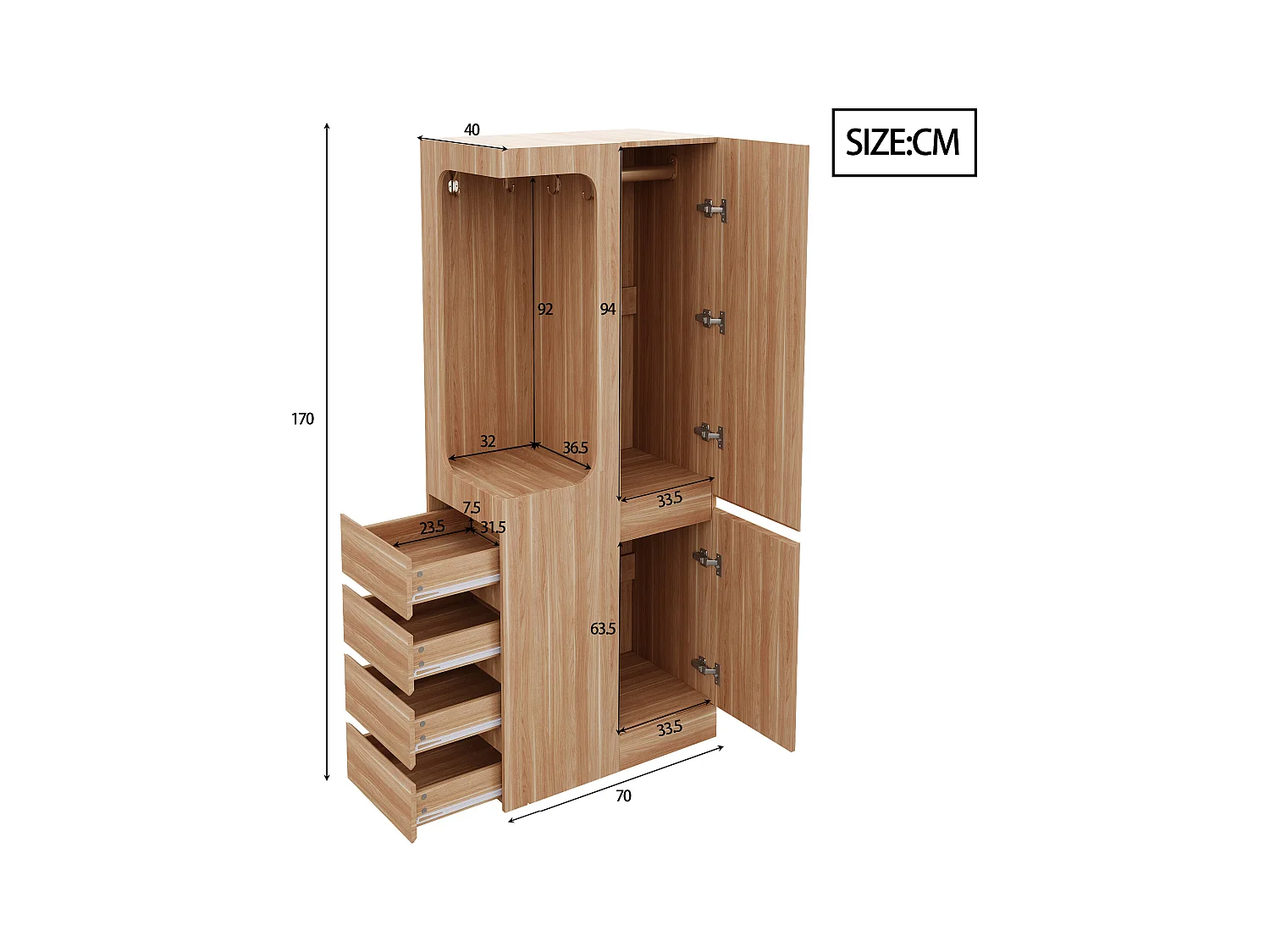 Armoire 70x40x170 cm - avec 4 tiroirs - avec 2 portes - avec compartiments de rangement - naturel