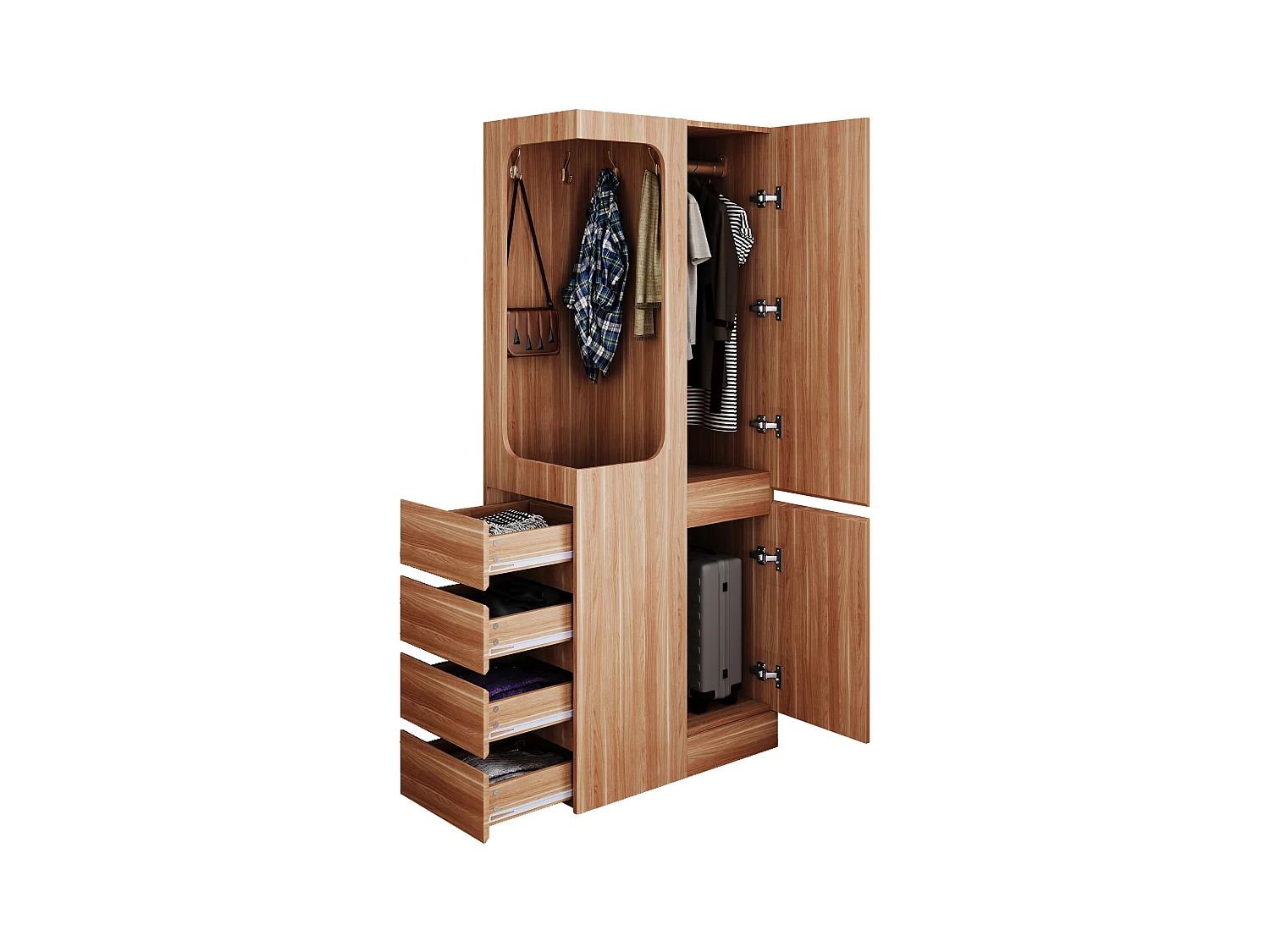 Armoire 70x40x170 cm - avec 4 tiroirs - avec 2 portes - avec compartiments de rangement - naturel
