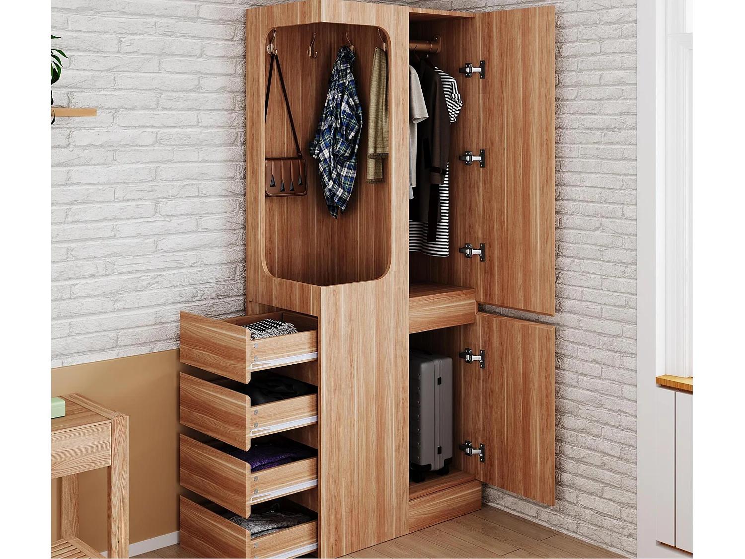 Kleiderschrank 70x40x170 cm - mit 4 Schubladen - mit 2 Türen - mit Staufächern - natur