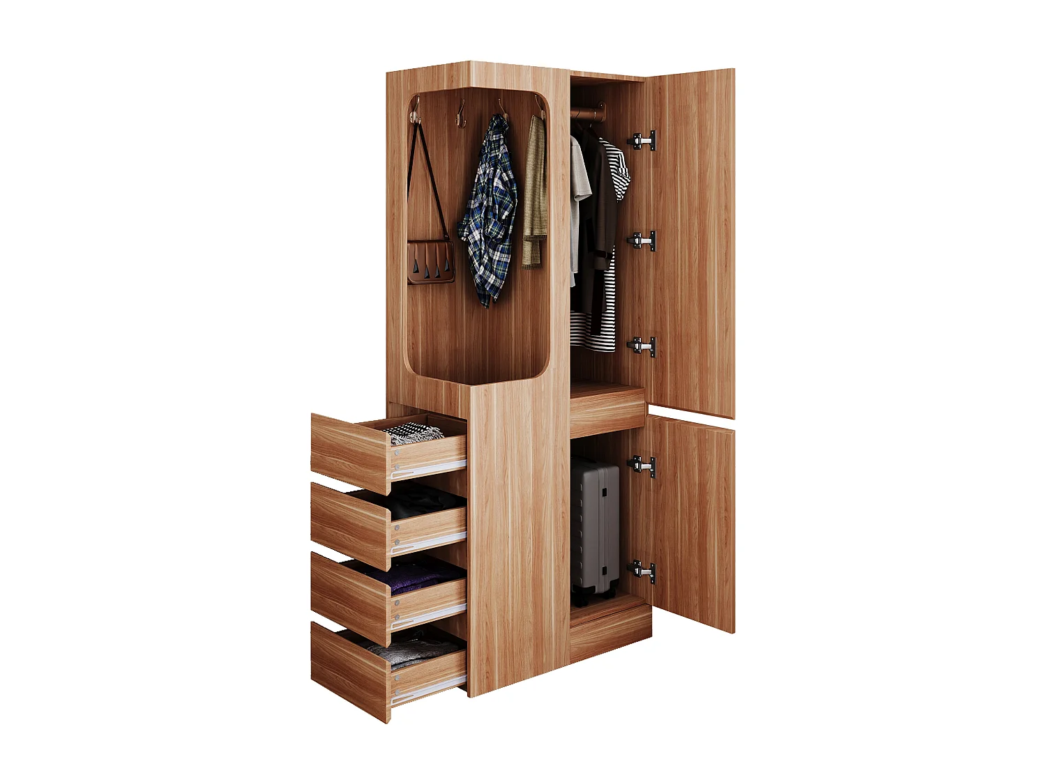 Kleiderschrank 70x40x170 cm - mit 4 Schubladen - mit 2 Türen - mit Staufächern - natur