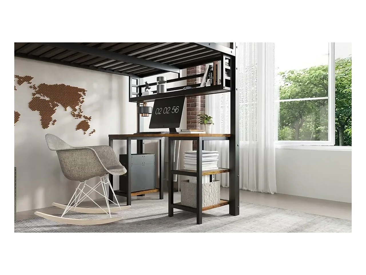 Lit mezzanine 120x200 cm - avec bureau et étagère de rangement - avec échelle de sécurité à 4 marches - Métal + panneaux de particules - Noir (sans matelas)