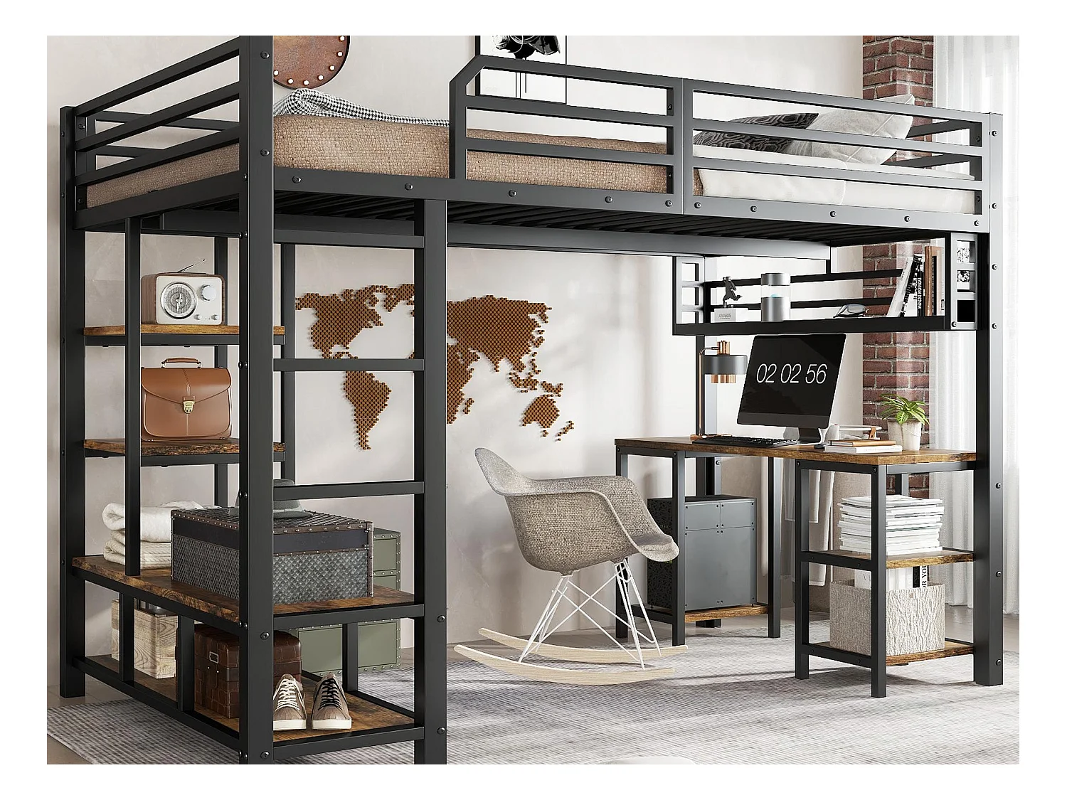 Lit mezzanine 120x200 cm - avec bureau et étagère de rangement - avec échelle de sécurité à 4 marches - Métal + panneaux de particules - Noir (sans matelas)