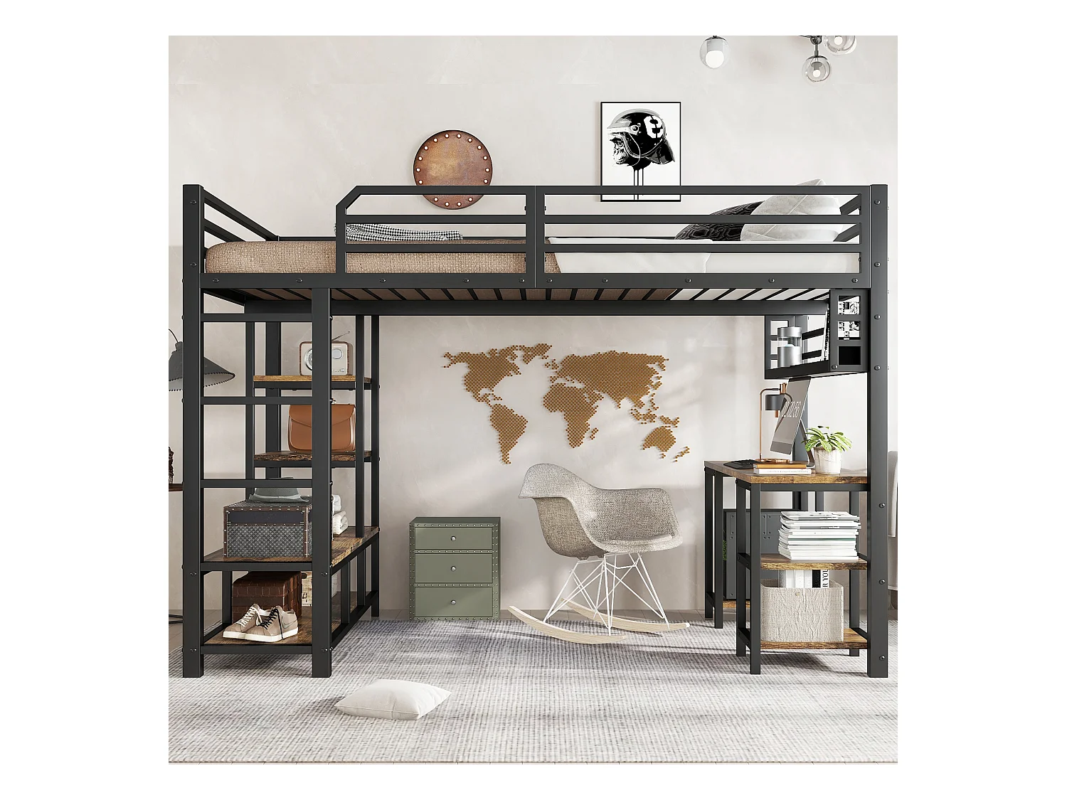 Lit mezzanine 120x200 cm - avec bureau et étagère de rangement - avec échelle de sécurité à 4 marches - Métal + panneaux de particules - Noir (sans matelas)