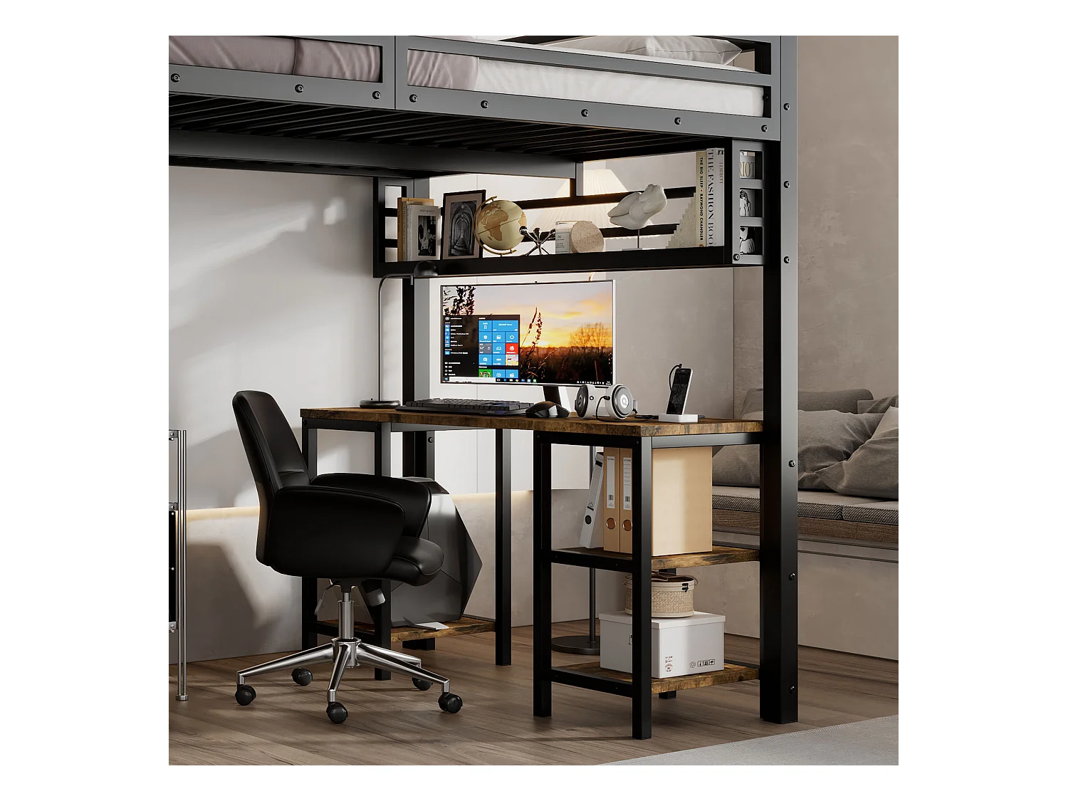 Lit mezzanine 120x200 cm - avec bureau et étagère de rangement - avec échelle de sécurité à 4 marches - Métal + panneaux de particules - Noir (sans matelas)