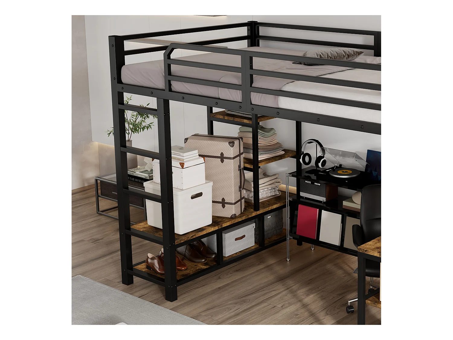 Lit mezzanine 120x200 cm - avec bureau et étagère de rangement - avec échelle de sécurité à 4 marches - Métal + panneaux de particules - Noir (sans matelas)