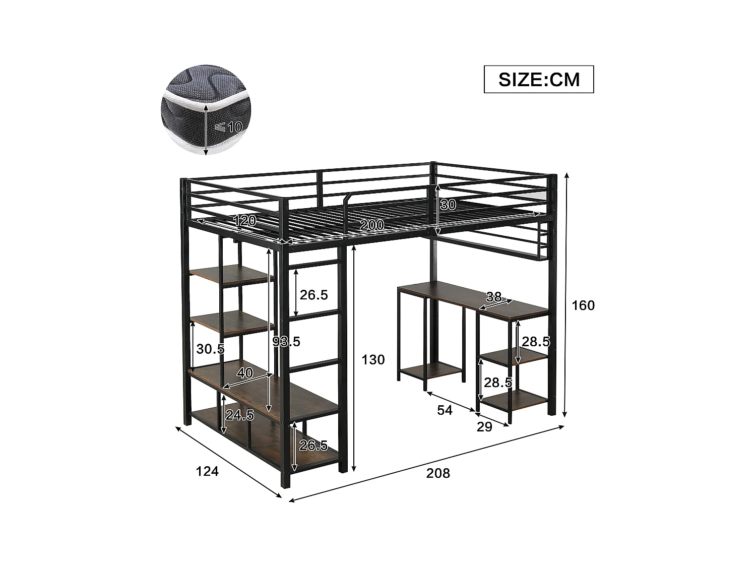 Lit mezzanine 120x200 cm - avec bureau et étagère de rangement - avec échelle de sécurité à 4 marches - Métal + panneaux de particules - Noir (sans matelas)