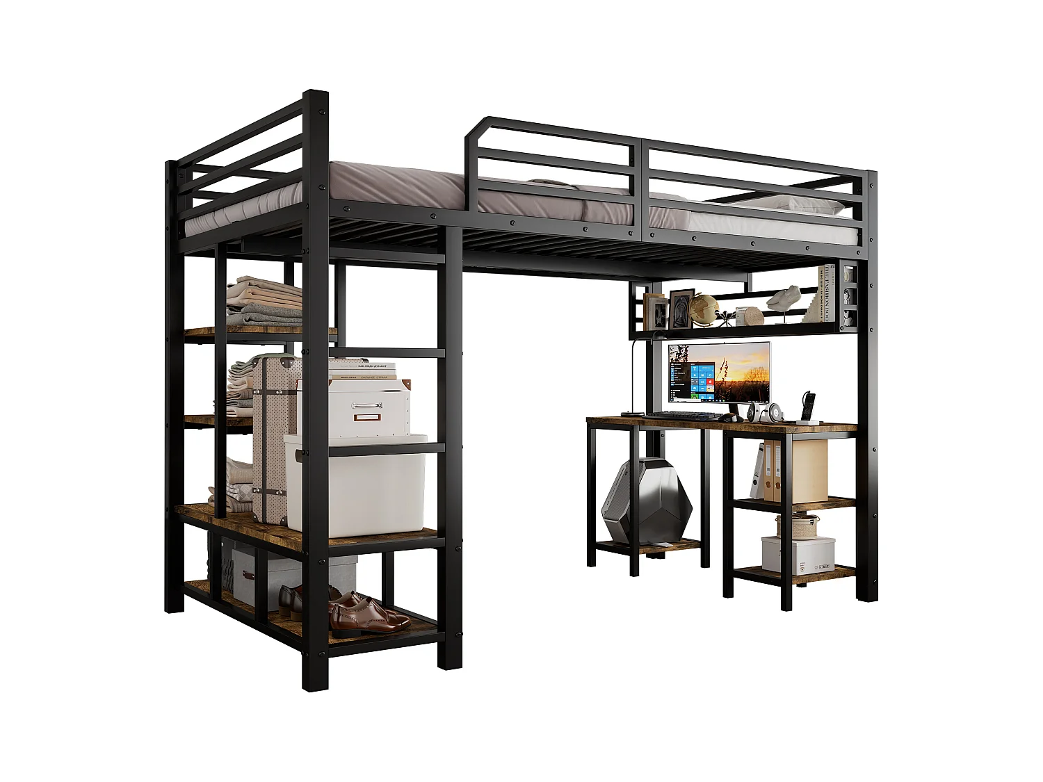 Lit mezzanine 120x200 cm - avec bureau et étagère de rangement - avec échelle de sécurité à 4 marches - Métal + panneaux de particules - Noir (sans matelas)