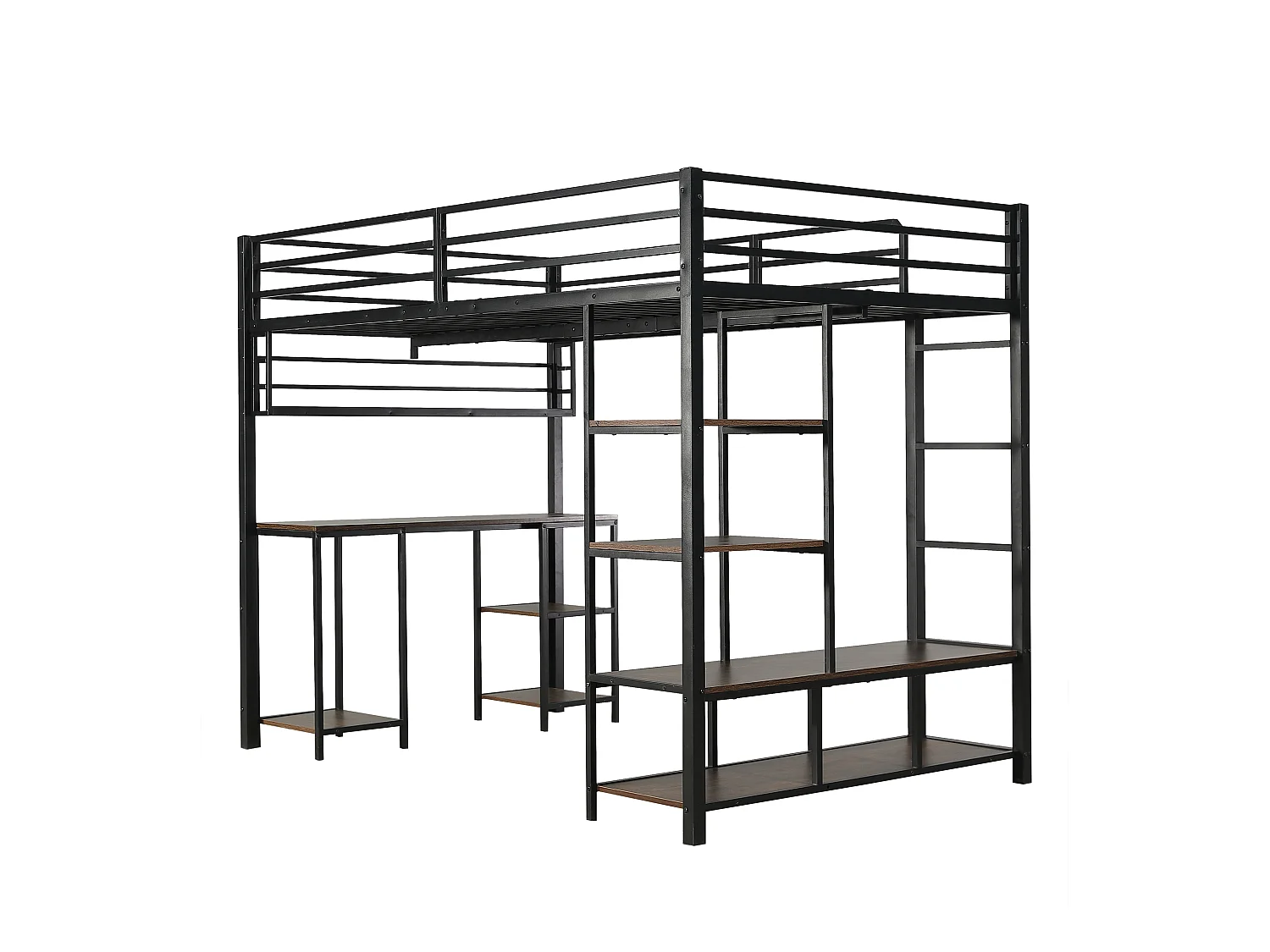 Lit mezzanine 120x200 cm - avec bureau et étagère de rangement - avec échelle de sécurité à 4 marches - Métal + panneaux de particules - Noir (sans matelas)