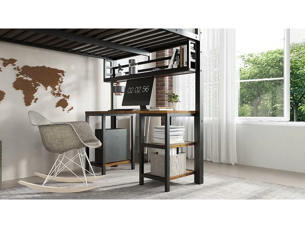 Lit mezzanine 120x200 cm - avec bureau et étagère de rangement - avec échelle de sécurité à 4 marches - Métal + panneaux de particules - Noir (sans matelas)