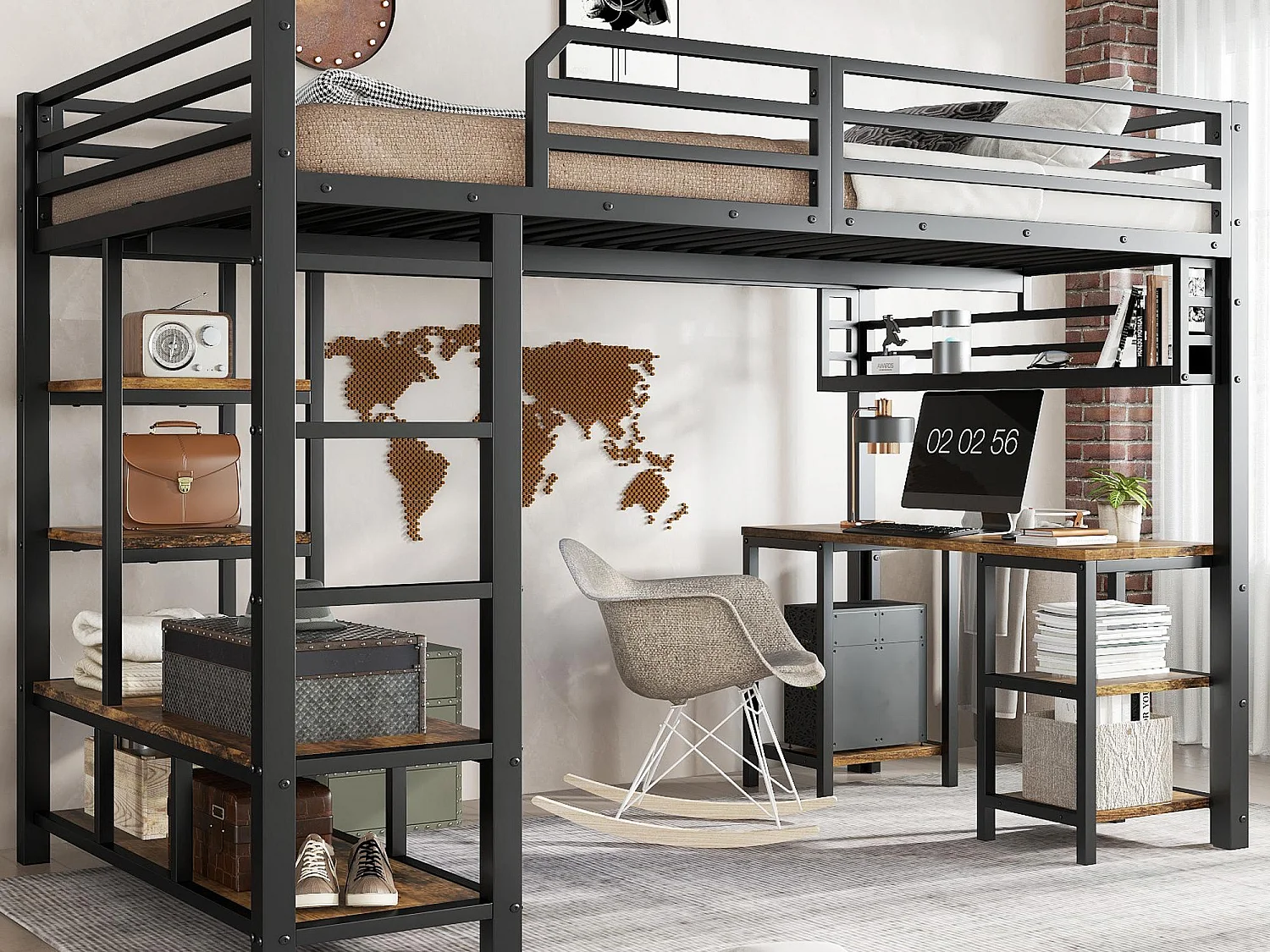 Lit mezzanine 120x200 cm - avec bureau et étagère de rangement - avec échelle de sécurité à 4 marches - Métal + panneaux de particules - Noir (sans matelas)