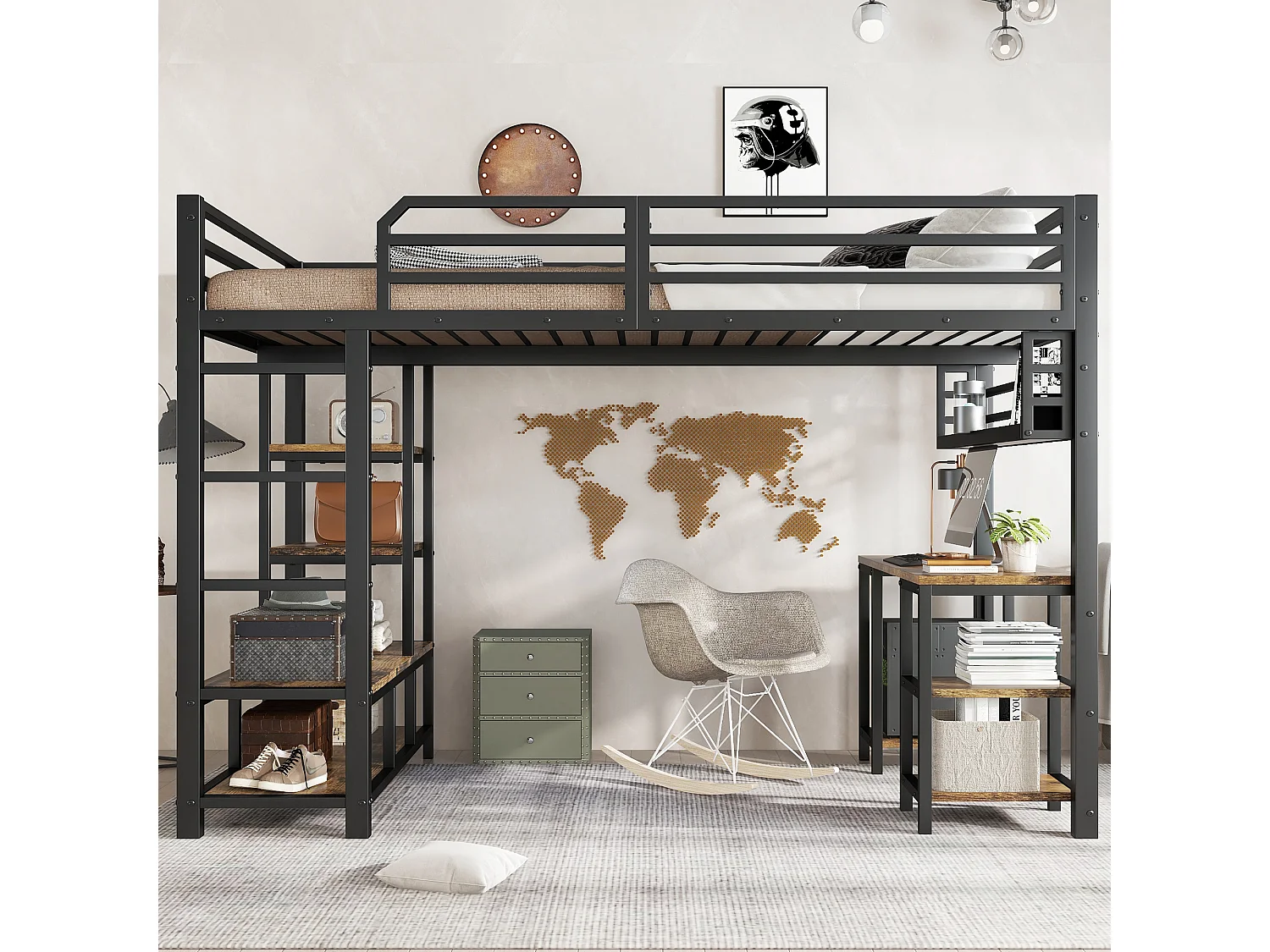 Lit mezzanine 120x200 cm - avec bureau et étagère de rangement - avec échelle de sécurité à 4 marches - Métal + panneaux de particules - Noir (sans matelas)