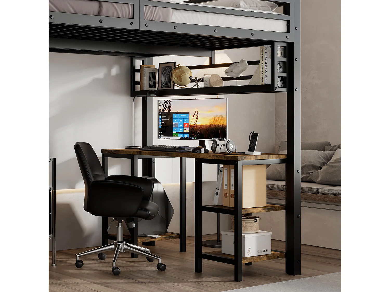 Lit mezzanine 120x200 cm - avec bureau et étagère de rangement - avec échelle de sécurité à 4 marches - Métal + panneaux de particules - Noir (sans matelas)