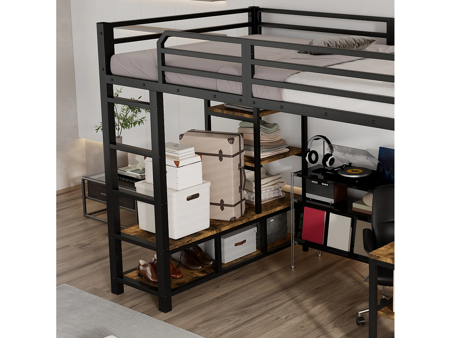 Lit mezzanine 120x200 cm - avec bureau et étagère de rangement - avec échelle de sécurité à 4 marches - Métal + panneaux de particules - Noir (sans matelas)