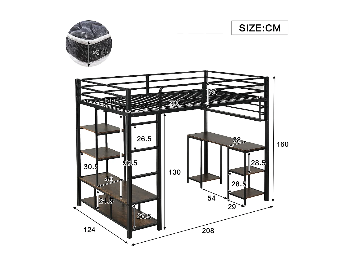 Lit mezzanine 120x200 cm - avec bureau et étagère de rangement - avec échelle de sécurité à 4 marches - Métal + panneaux de particules - Noir (sans matelas)