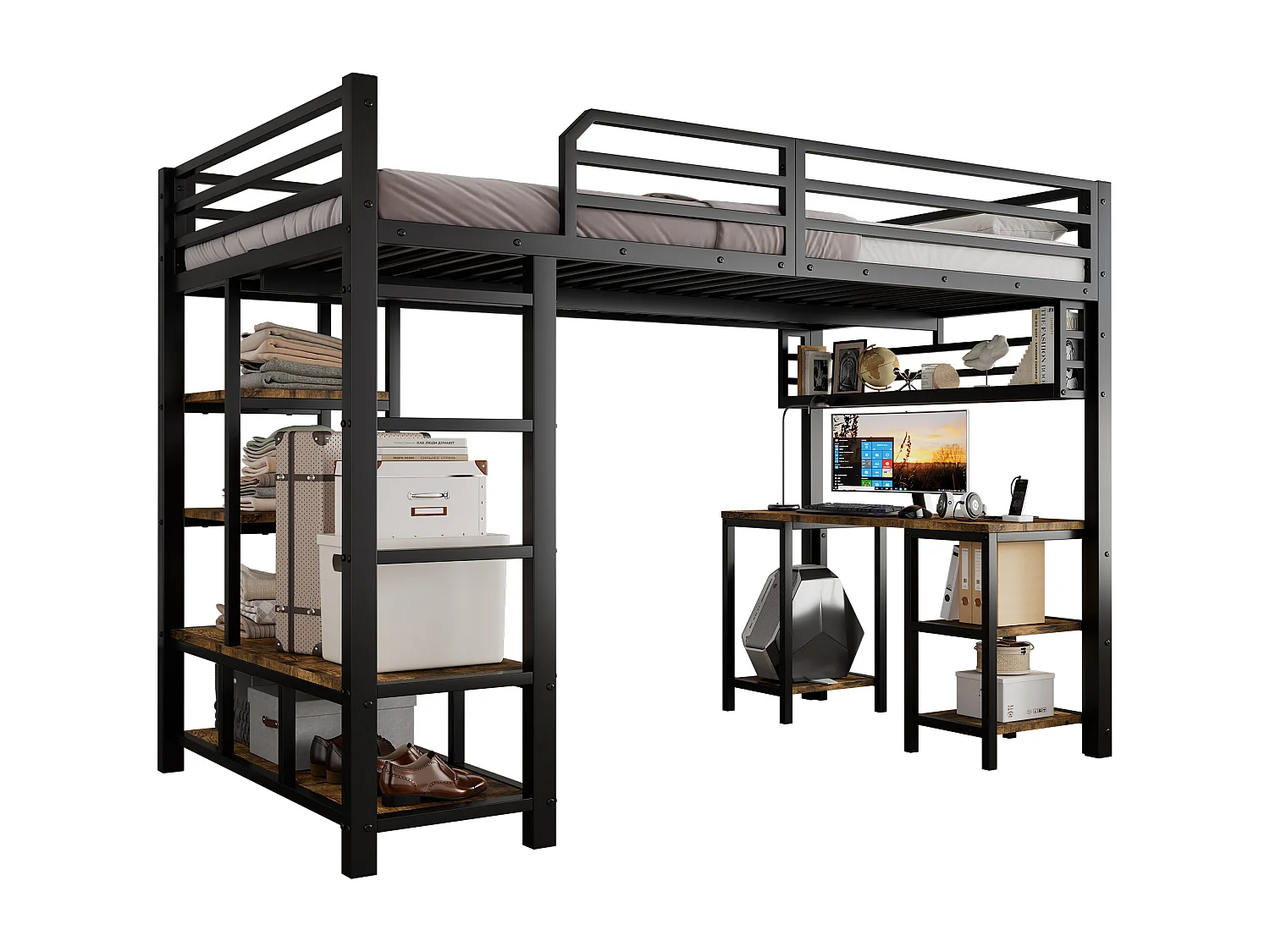 Lit mezzanine 120x200 cm - avec bureau et étagère de rangement - avec échelle de sécurité à 4 marches - Métal + panneaux de particules - Noir (sans matelas)