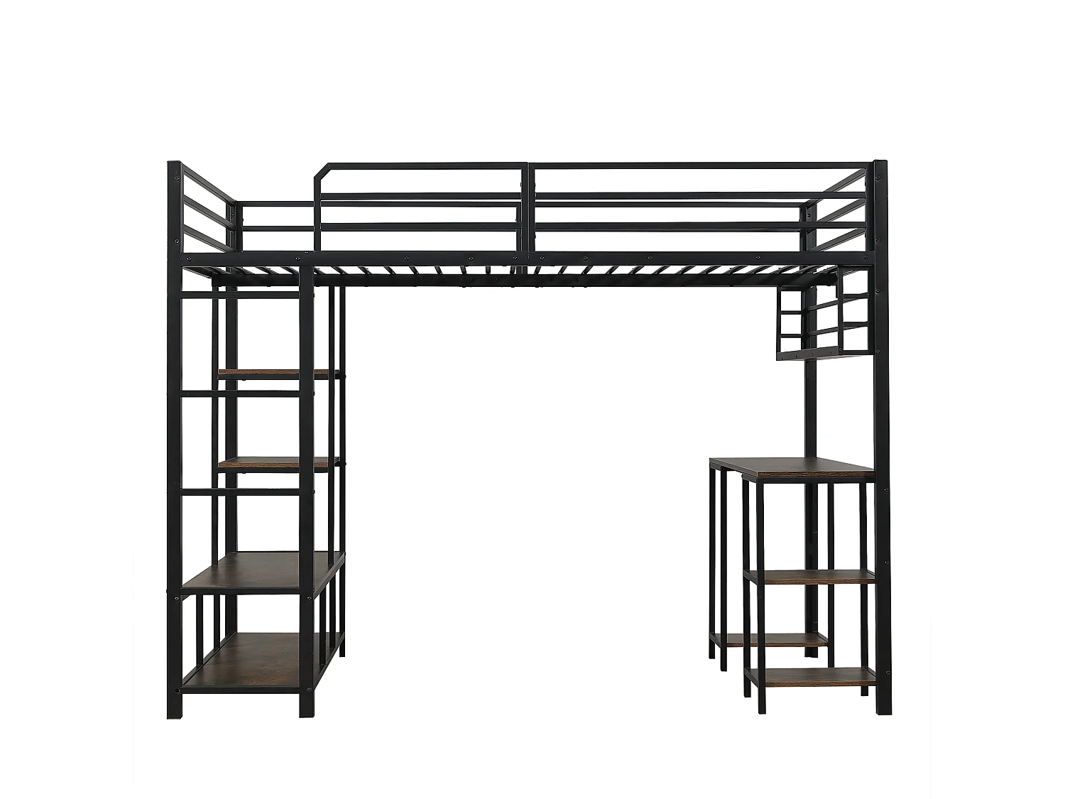 Lit mezzanine 120x200 cm - avec bureau et étagère de rangement - avec échelle de sécurité à 4 marches - Métal + panneaux de particules - Noir (sans matelas)