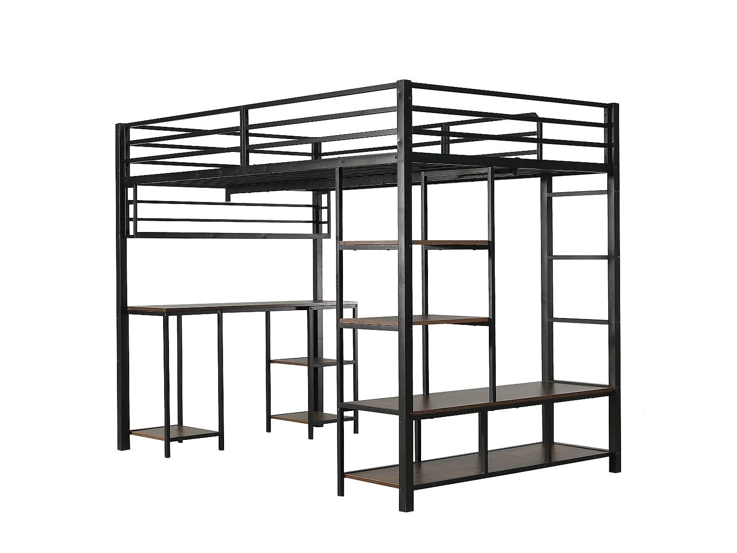 Lit mezzanine 120x200 cm - avec bureau et étagère de rangement - avec échelle de sécurité à 4 marches - Métal + panneaux de particules - Noir (sans matelas)