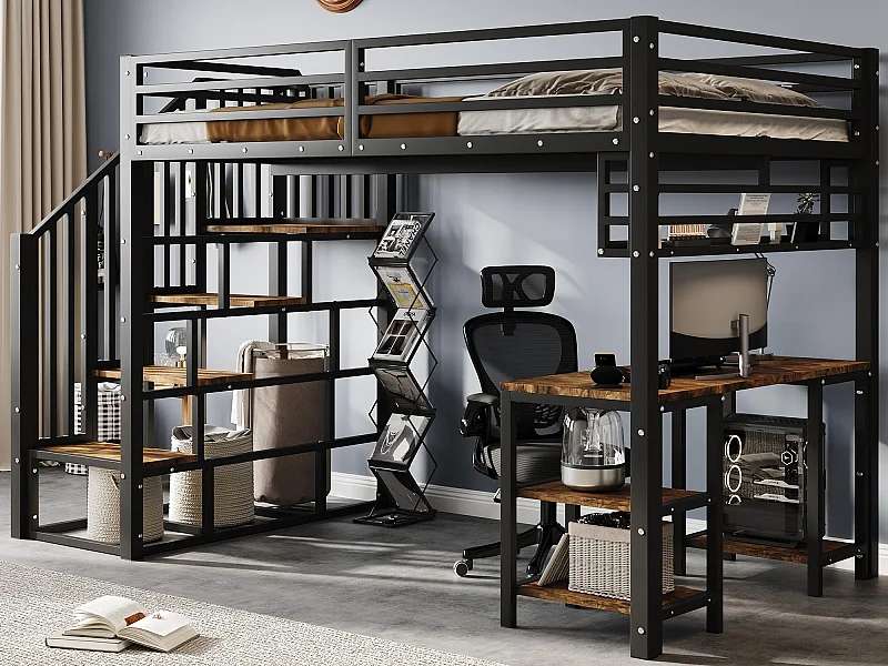 Hochbett 120x200 cm - mit Schreibtisch und Ablageregal - Treppe mit Geländer - Metall + Spanplatten - Schwarz