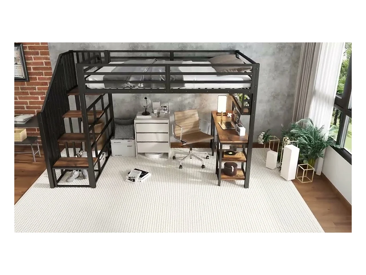 Lit mezzanine 120x200 cm - avec bureau et étagère de rangement - escaliers avec rampes - Métal + panneaux de particules - Noir