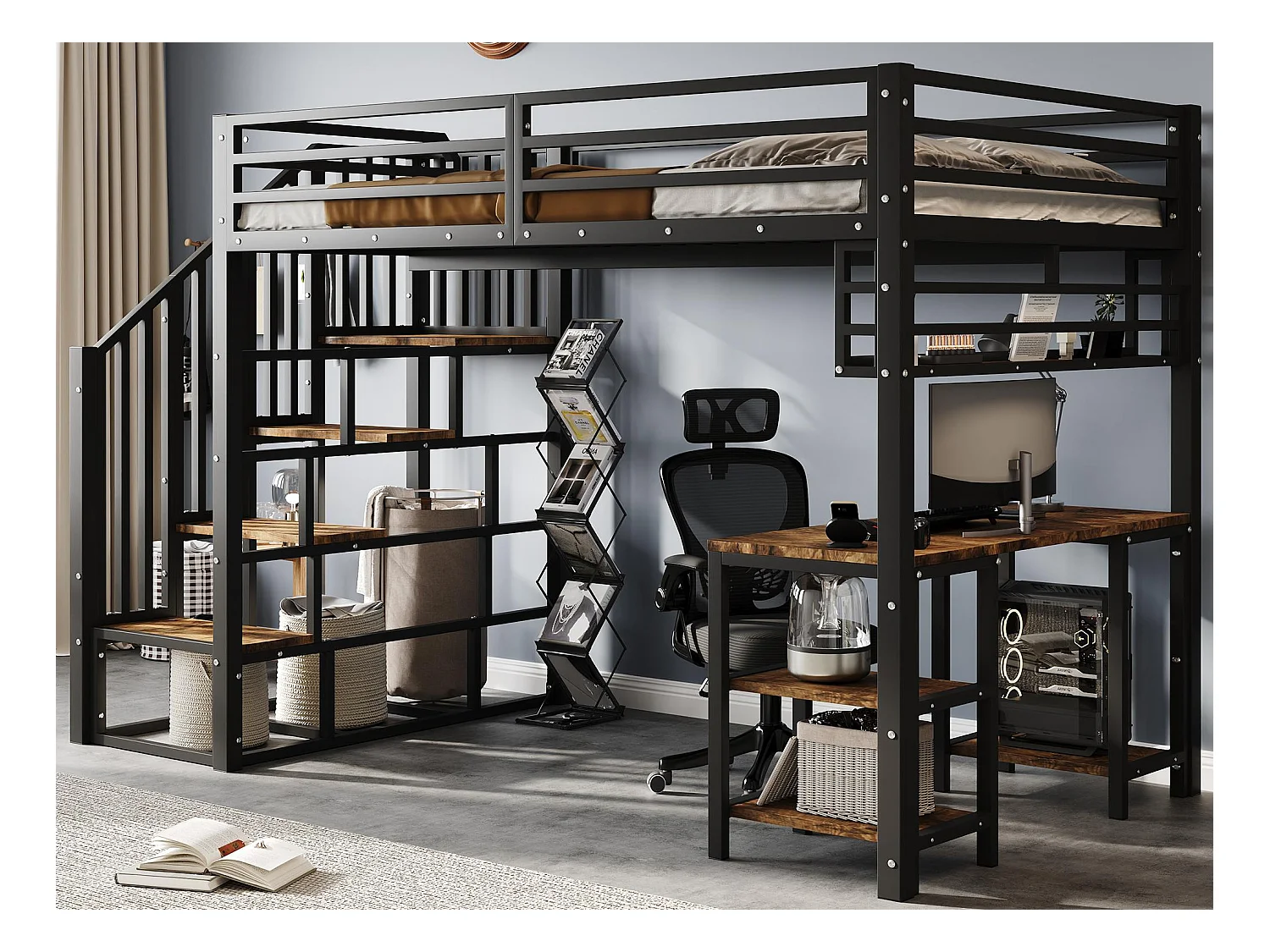 Lit mezzanine 120x200 cm - avec bureau et étagère de rangement - escaliers avec rampes - Métal + panneaux de particules - Noir