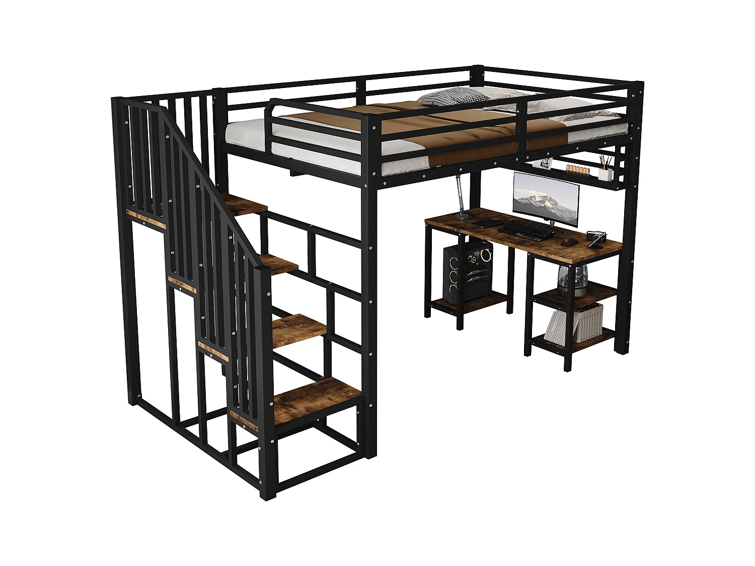 Lit mezzanine 120x200 cm - avec bureau et étagère de rangement - escaliers avec rampes - Métal + panneaux de particules - Noir