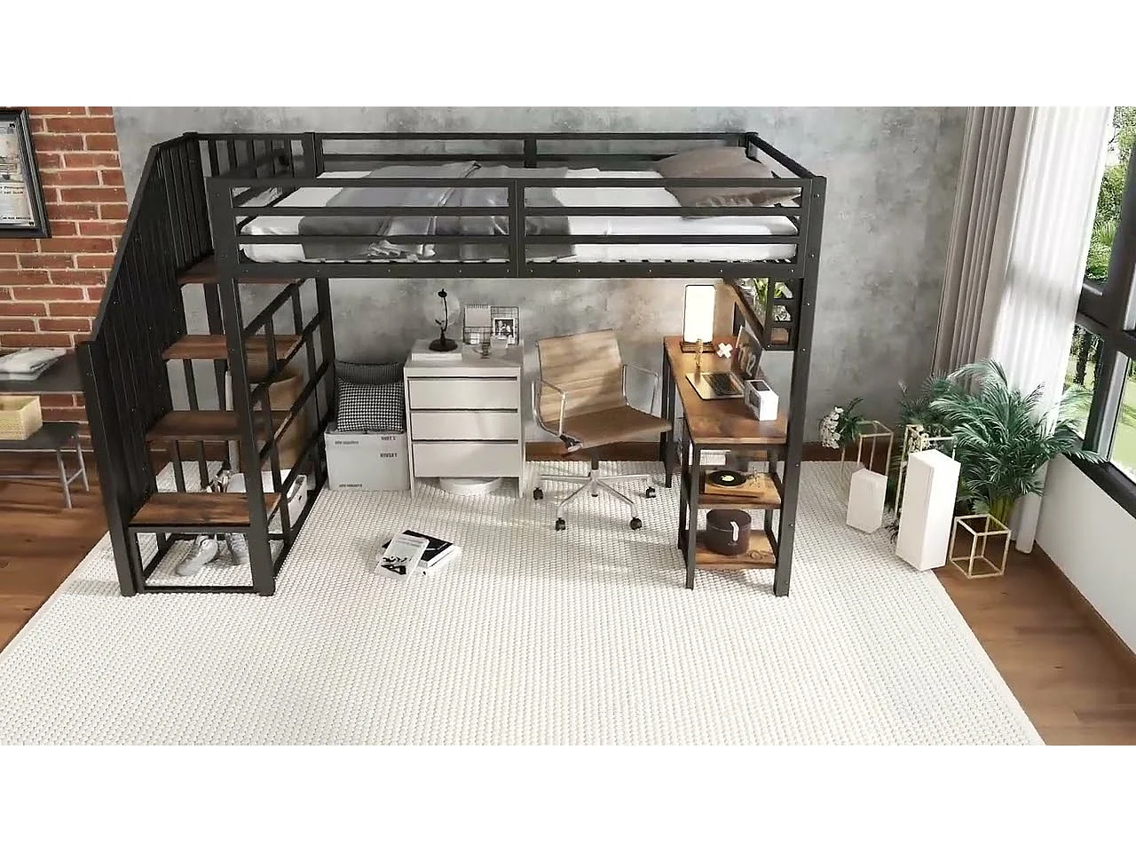 Lit mezzanine 120x200 cm - avec bureau et étagère de rangement - escaliers avec rampes - Métal + panneaux de particules - Noir