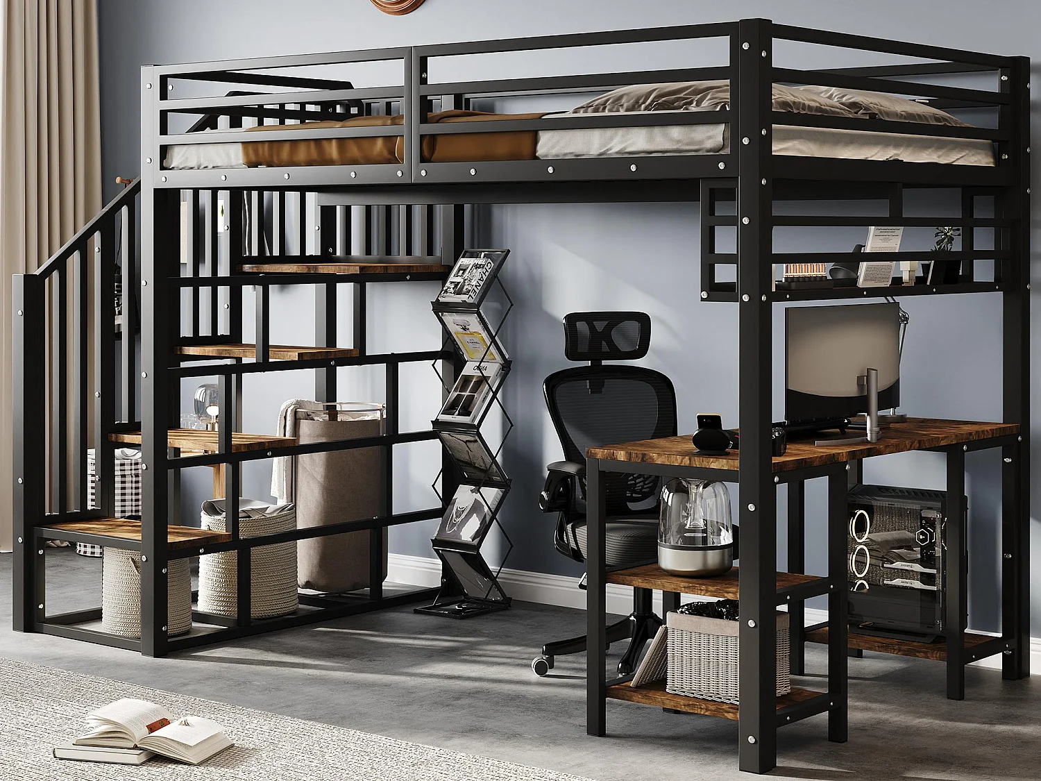 Lit mezzanine 120x200 cm - avec bureau et étagère de rangement - escaliers avec rampes - Métal + panneaux de particules - Noir