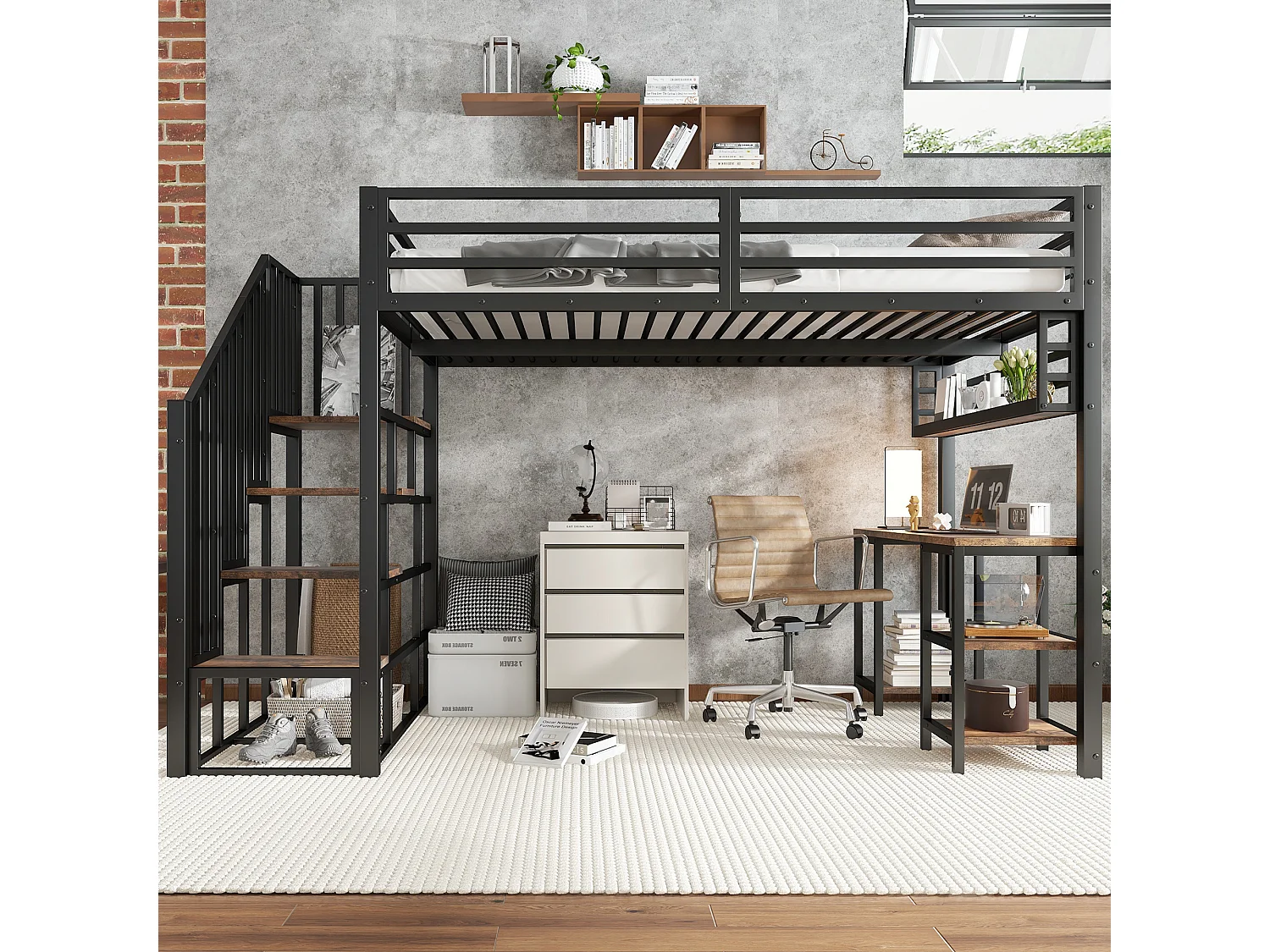 Lit mezzanine 120x200 cm - avec bureau et étagère de rangement - escaliers avec rampes - Métal + panneaux de particules - Noir