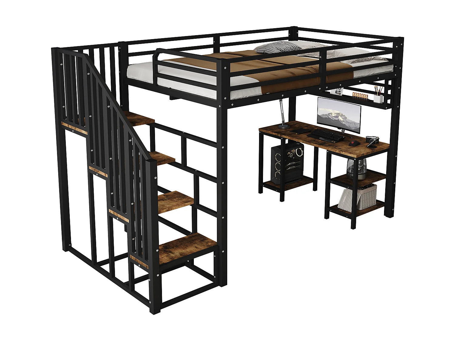 Lit mezzanine 120x200 cm - avec bureau et étagère de rangement - escaliers avec rampes - Métal + panneaux de particules - Noir