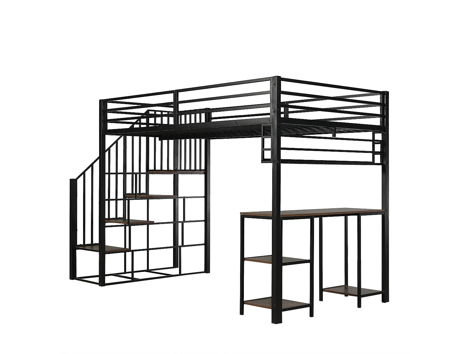 Lit mezzanine 120x200 cm - avec bureau et étagère de rangement - escaliers avec rampes - Métal + panneaux de particules - Noir