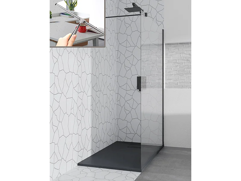 Duschwanne VIDAR 80x80 Quadratisch Schwarz + Walk-In Duschwand KETIL Schwarz 80x195 Transparentes Glas + Glaswischer