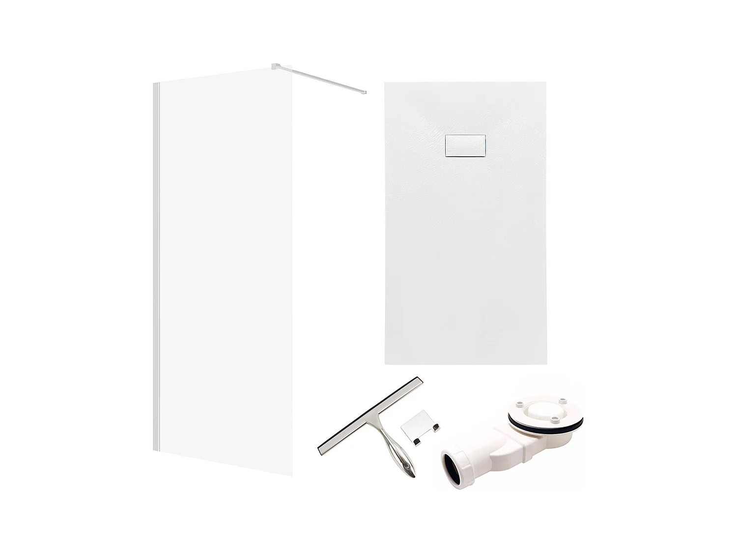 Receveur de douche VIDAR 120x80 Rectangle Blanc + Paroi de douche à l'italienne KETIL Chrome 100x195 Verre transparent + Raclette de douche