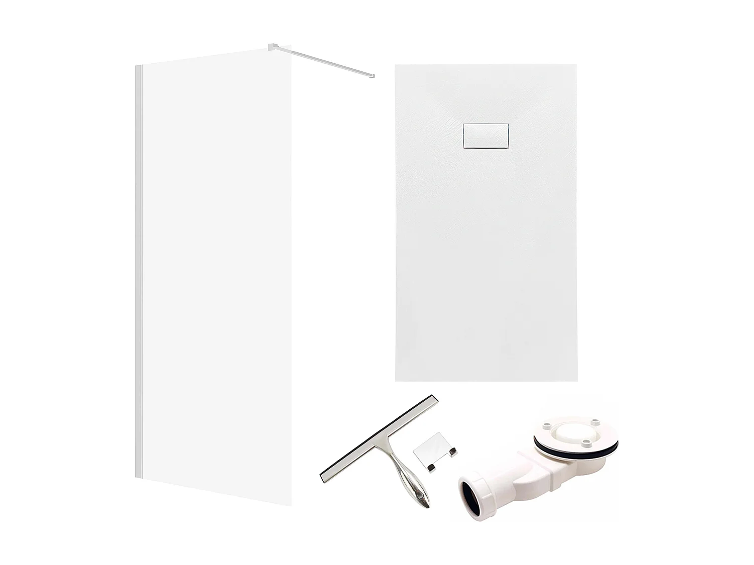 Receveur de douche VIDAR 120x80 Rectangle Blanc + Paroi de douche à l'italienne KETIL Chrome 100x195 Verre transparent + Raclette de douche