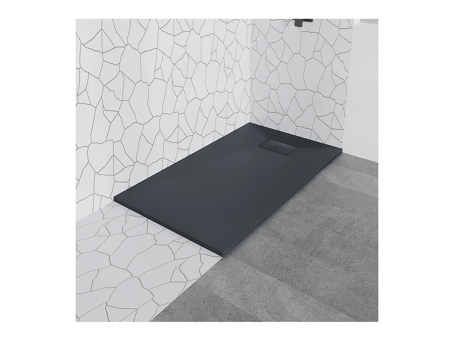 Duschwanne VIDAR 120x80 Rechteck Schwarz + Walk-In Duschwand KETIL Schwarz 100x195 Transparentes Glas + Glaswischer