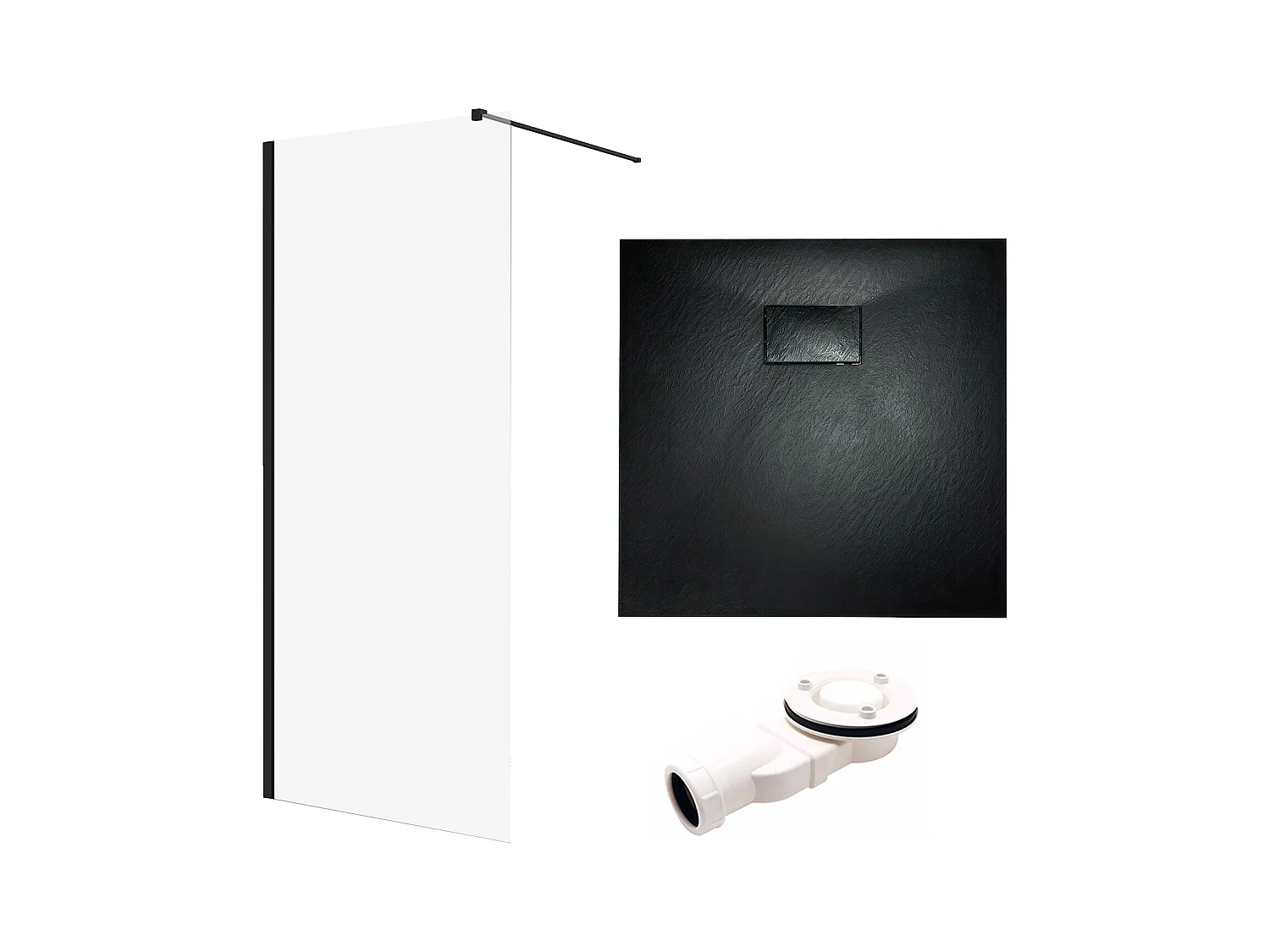 Receveur de douche VIDAR 90x90 Carré Noir + Paroi de douche à l'italienne KETIL Noir 90x195 8 mm Transparent Nano Verre