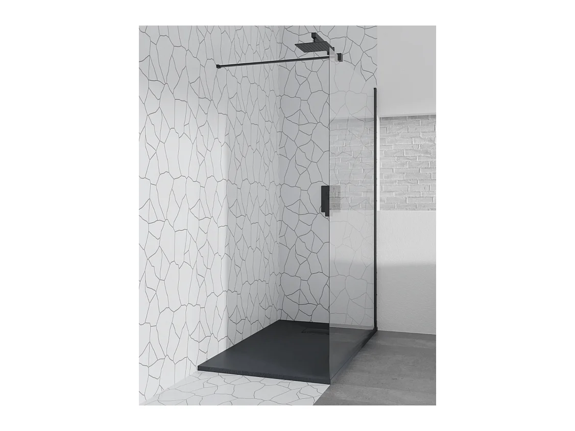 Duschwanne VIDAR 90x90 Quadratisch Schwarz + Walk-In Duschwand KETIL Schwarz 90x195 8 mm Transparent Nano-Glas