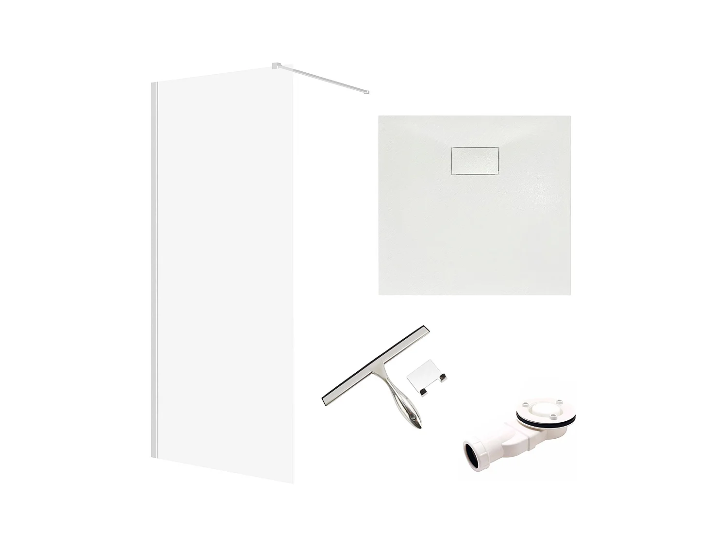 Receveur de douche VIDAR 90x90 Carré Blanc + Paroi de douche à l'italienne KETIL Chrome 90x195 Verre transparent + Raclette de douche