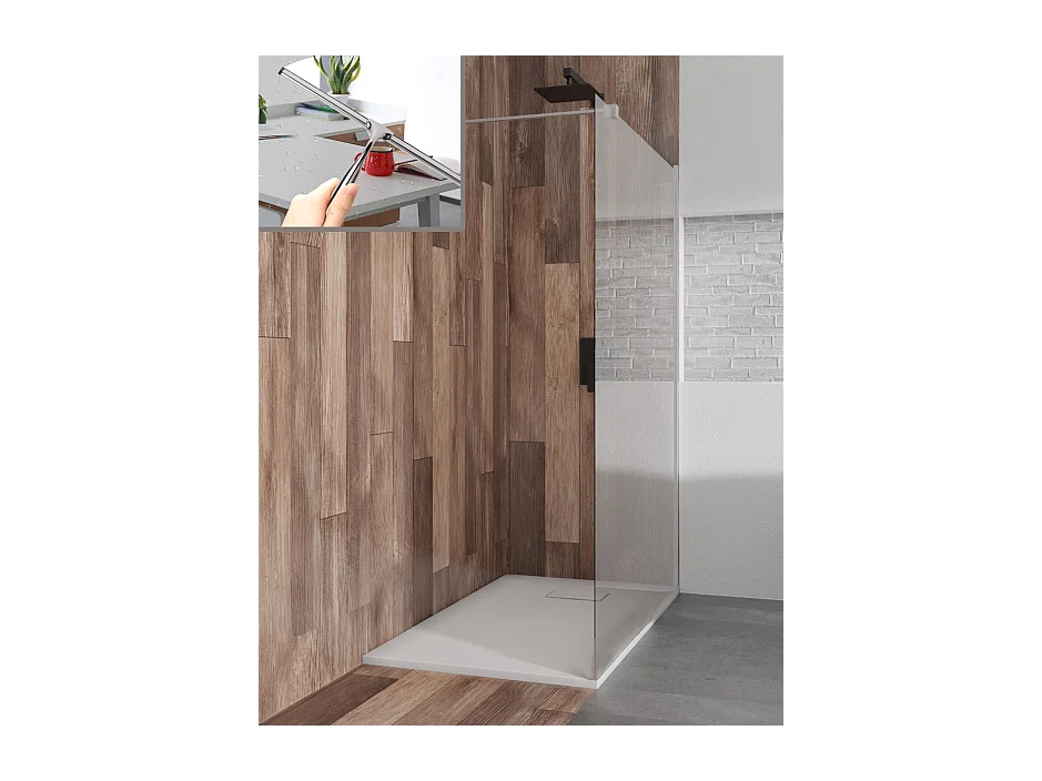 Duschwanne VIDAR 90x90 Quadratisch Weiß + Walk-In Duschwand KETIL Chrom 90x195 Transparentes Glas + Glaswischer